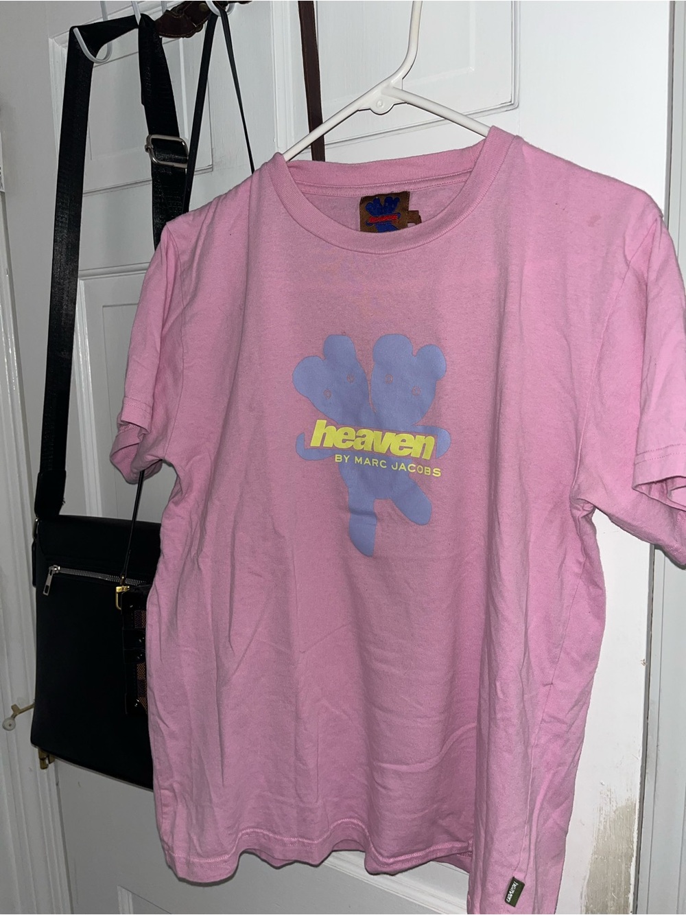 Marc Jacobs Pink Tee with Blue Graphic and Yellow Logo